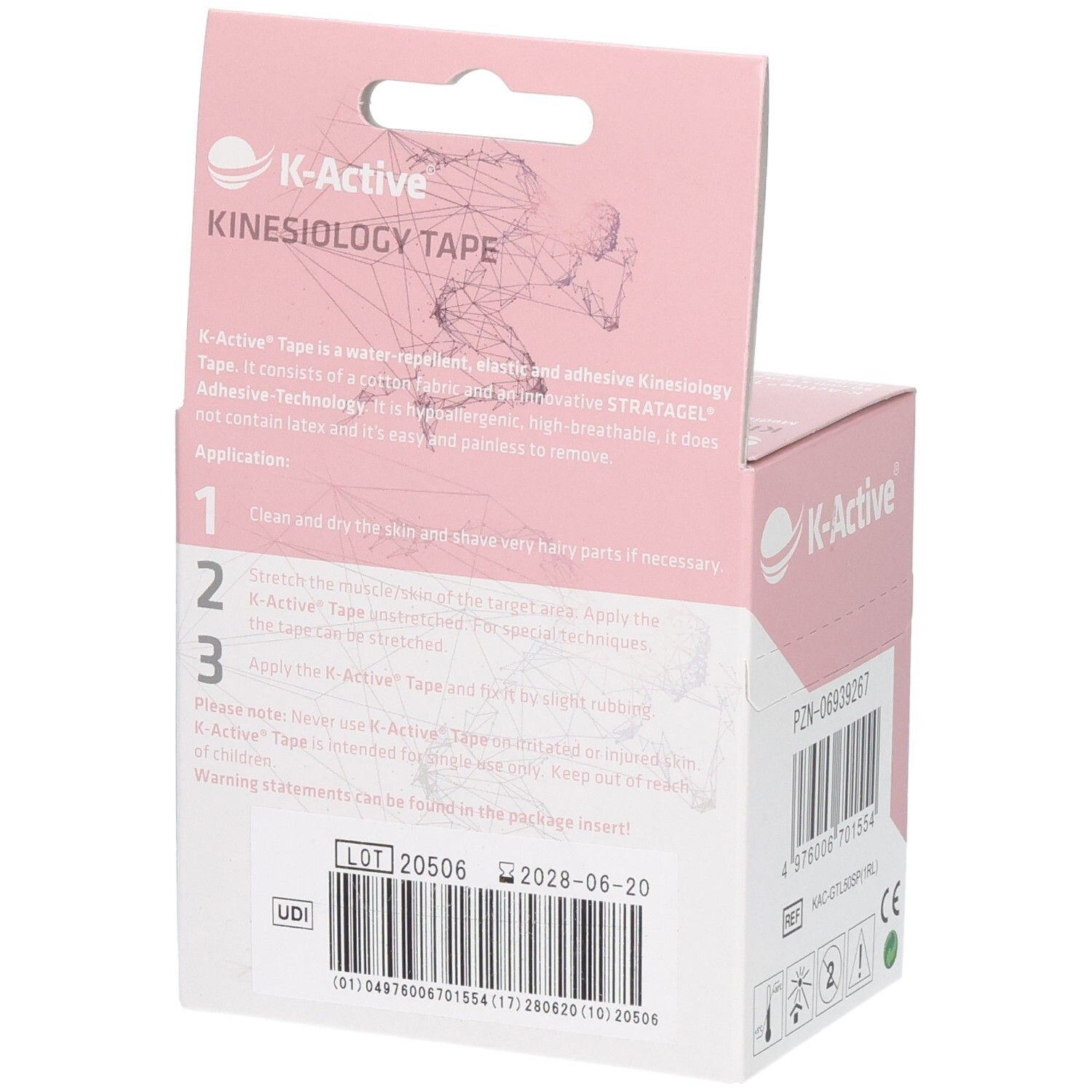 Rückseite der K-Active Tape Gentle Box. Anwendungshinweise. Aufdruck: Kinesiologie Tape. Rosa Hintergrund.