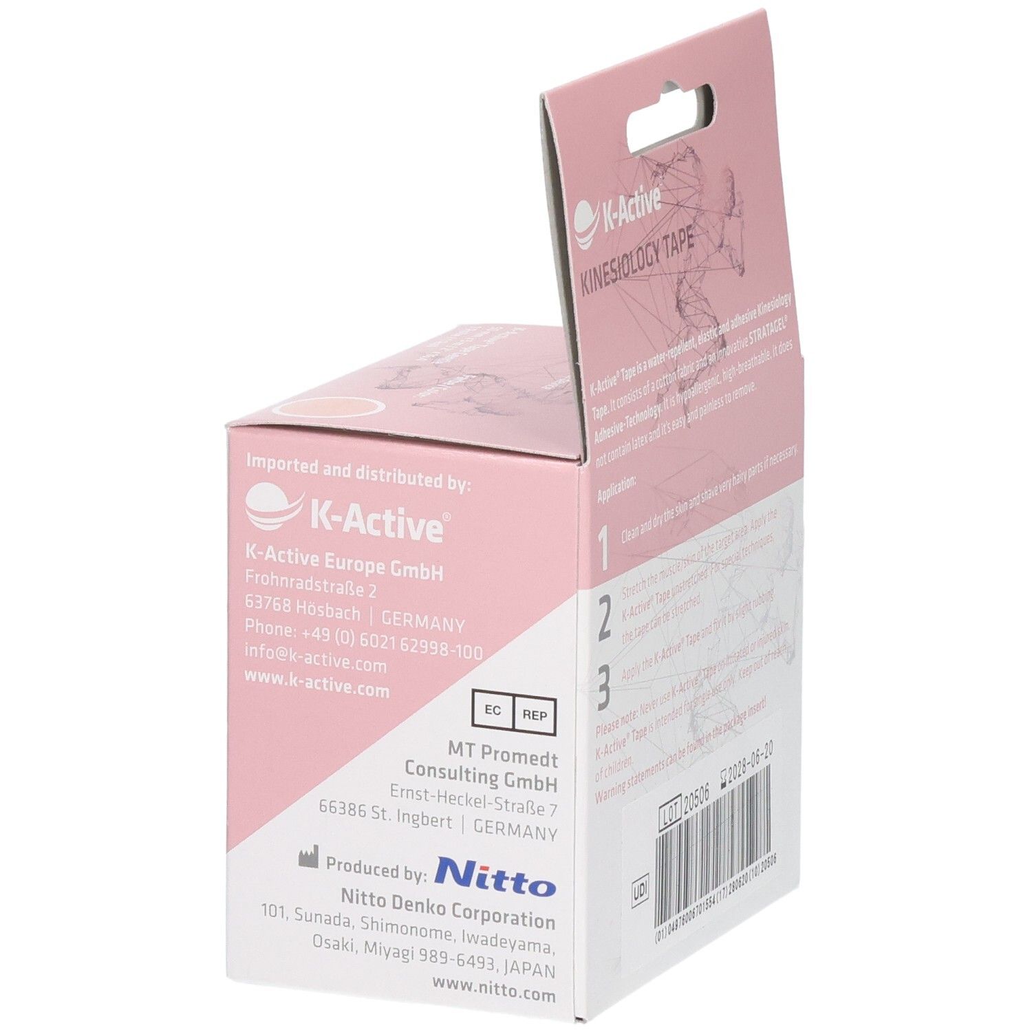 Seite der K-Active Tape Gentle Box. Importeur- und Herstellerinformationen. Aufdruck: Kinesiologie Tape. Rosa.