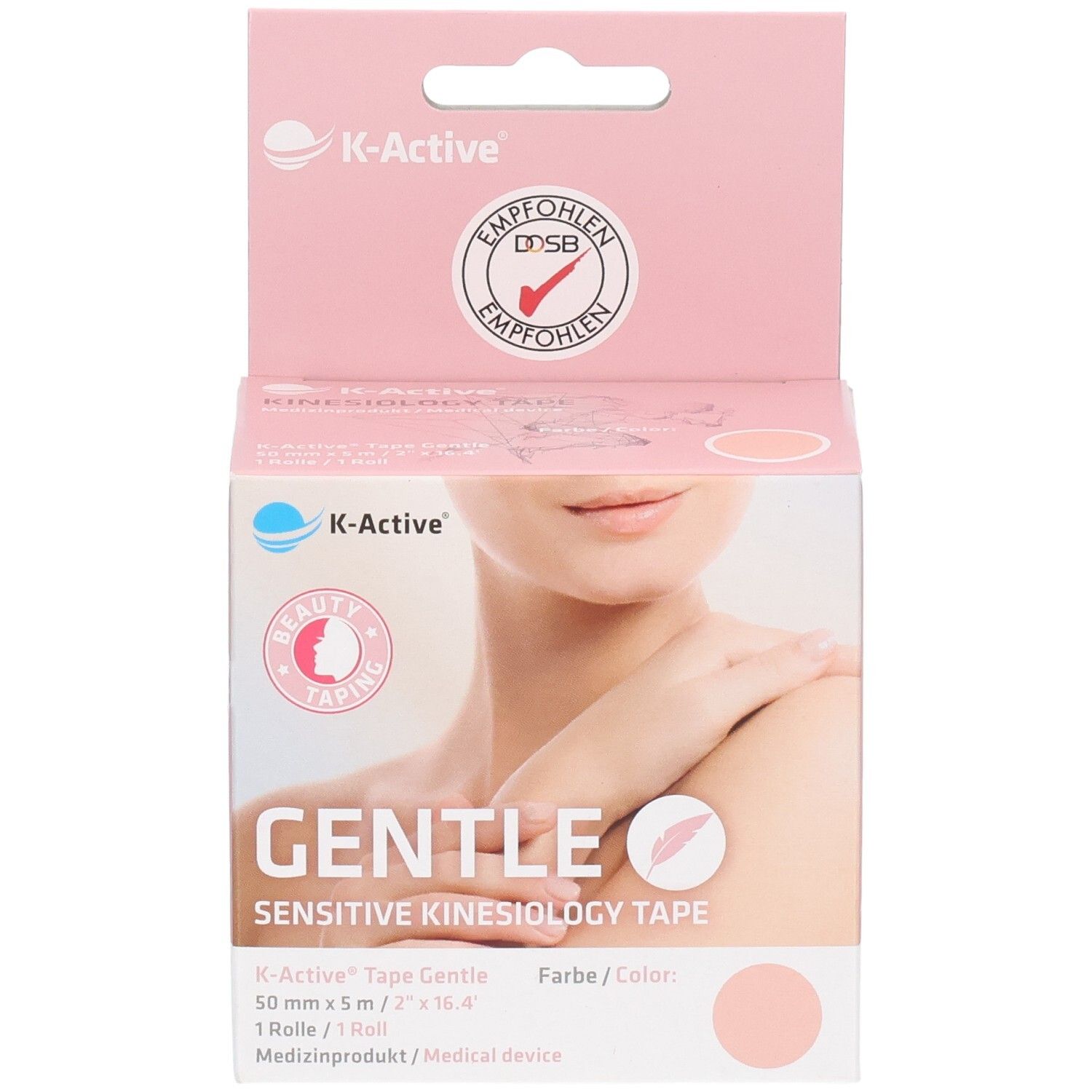 K-Active Tape Gentle Box. Aufdruck: Gentle Sensitive Kinesiologie Tape. Empfohlenes Produkt. Frau mit Schulter.