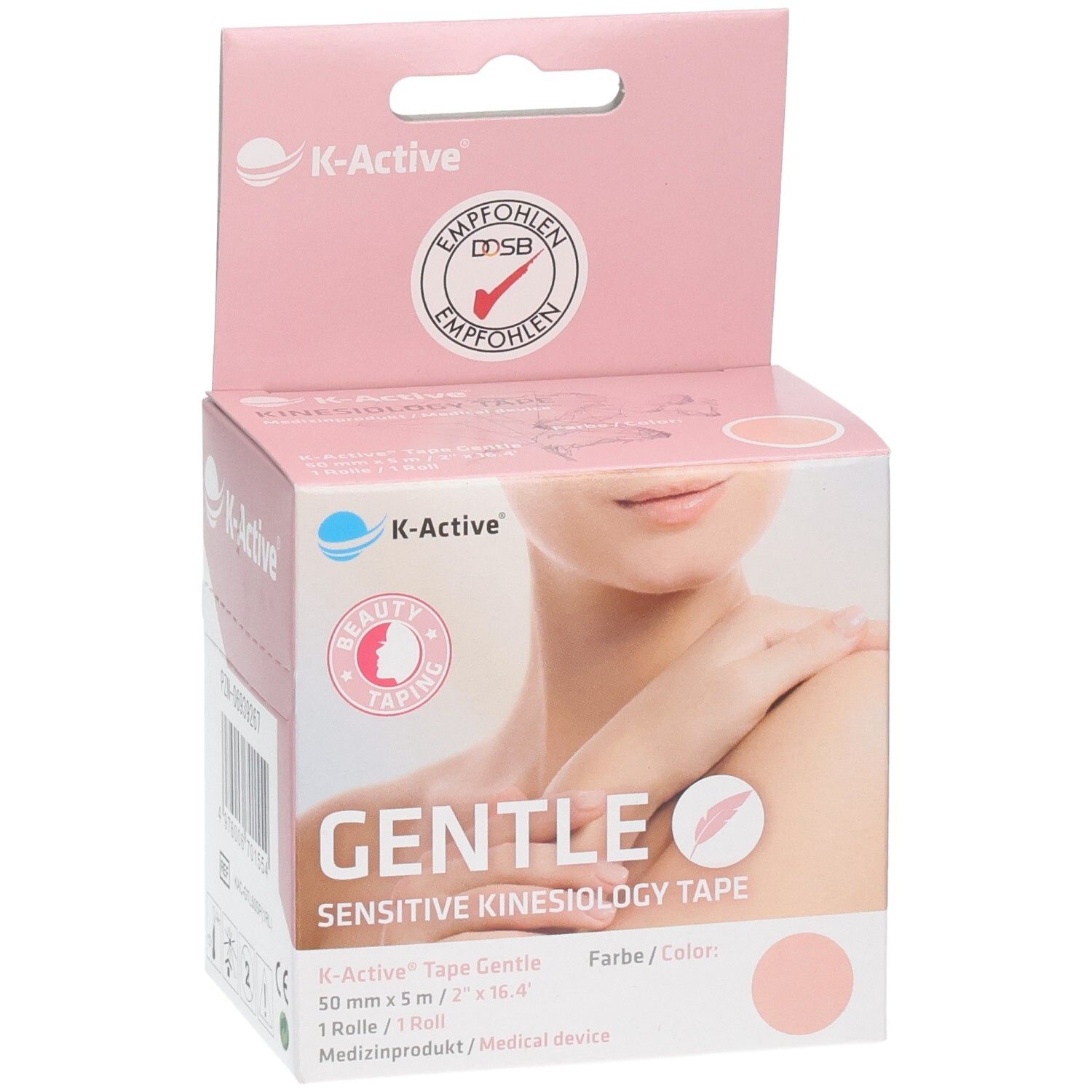 K-Active Tape Gentle Box. Aufdruck: Gentle Sensitive Kinesiologie Tape. Empfohlenes Produkt. Frau mit Schulter.
