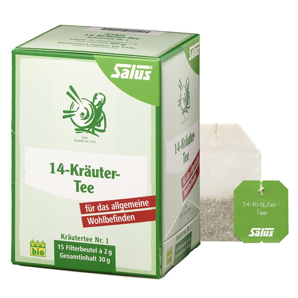 Grüne Schachtel mit Salus 14-Kräuter-Tee. Enthält 15 Filterbeutel. Ein Teebeutel liegt daneben.