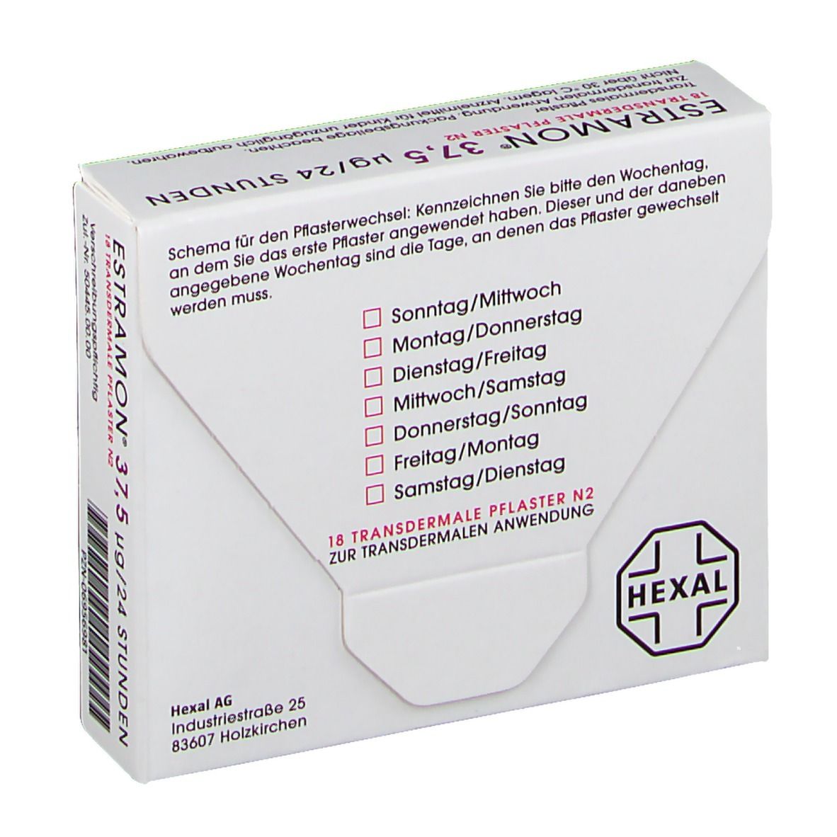 Rückseite der Schachtel ESTRAMON 37,5 transdermale Pflaster. Aufdruck: Wochenplan, Hexal Logo, Herstelleradresse.