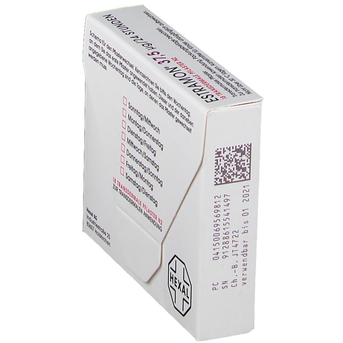 Rückseite der Schachtel ESTRAMON 37,5 transdermale Pflaster. Aufdruck: Wochenplan, Hexal Logo, Verfallsdatum, Chargennummer.
