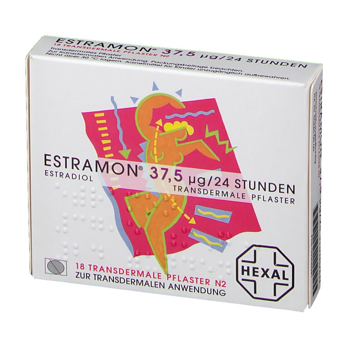 Schachtel ESTRAMON 37,5 transdermale Pflaster. Aufdruck: Estradiol, 18 Pflaster, Hexal Logo. Abbildung einer Frau.