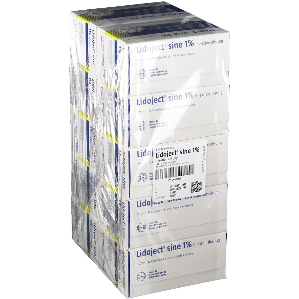 Verpackungseinheit mit mehreren Kartons. Aufdruck "Lidoject sine 1% Injektionslösung". Klarsichtfolie.