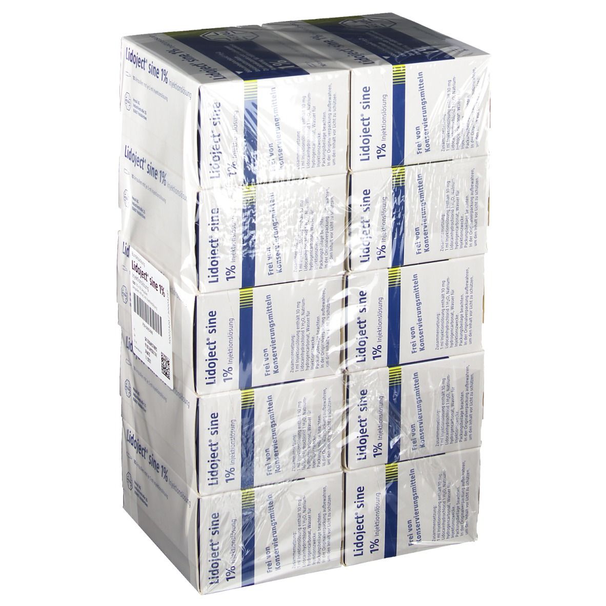 Mehrere Kartons in Folie verpackt. Aufdruck "Lidoject sine 1% Injektionslösung". Etikett mit Barcode.