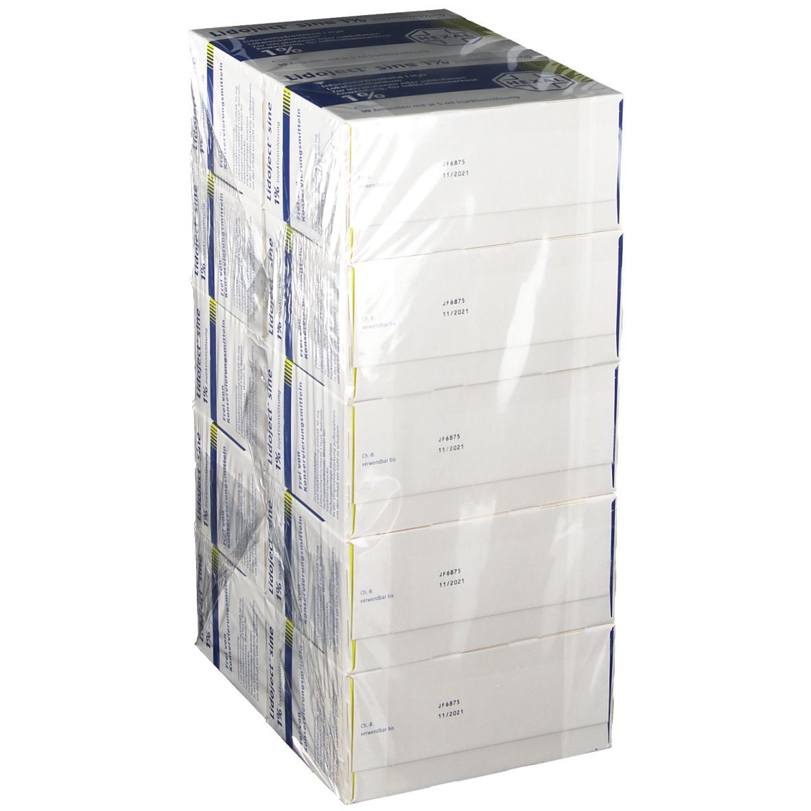 Mehrere Kartons in Folie verpackt. Aufdruck "Lidoject sine 1% Injektionslösung".