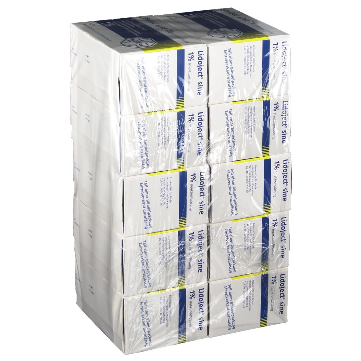 Mehrere Kartons in Folie verpackt. Aufdruck "Lidoject sine 1% Injektionslösung".