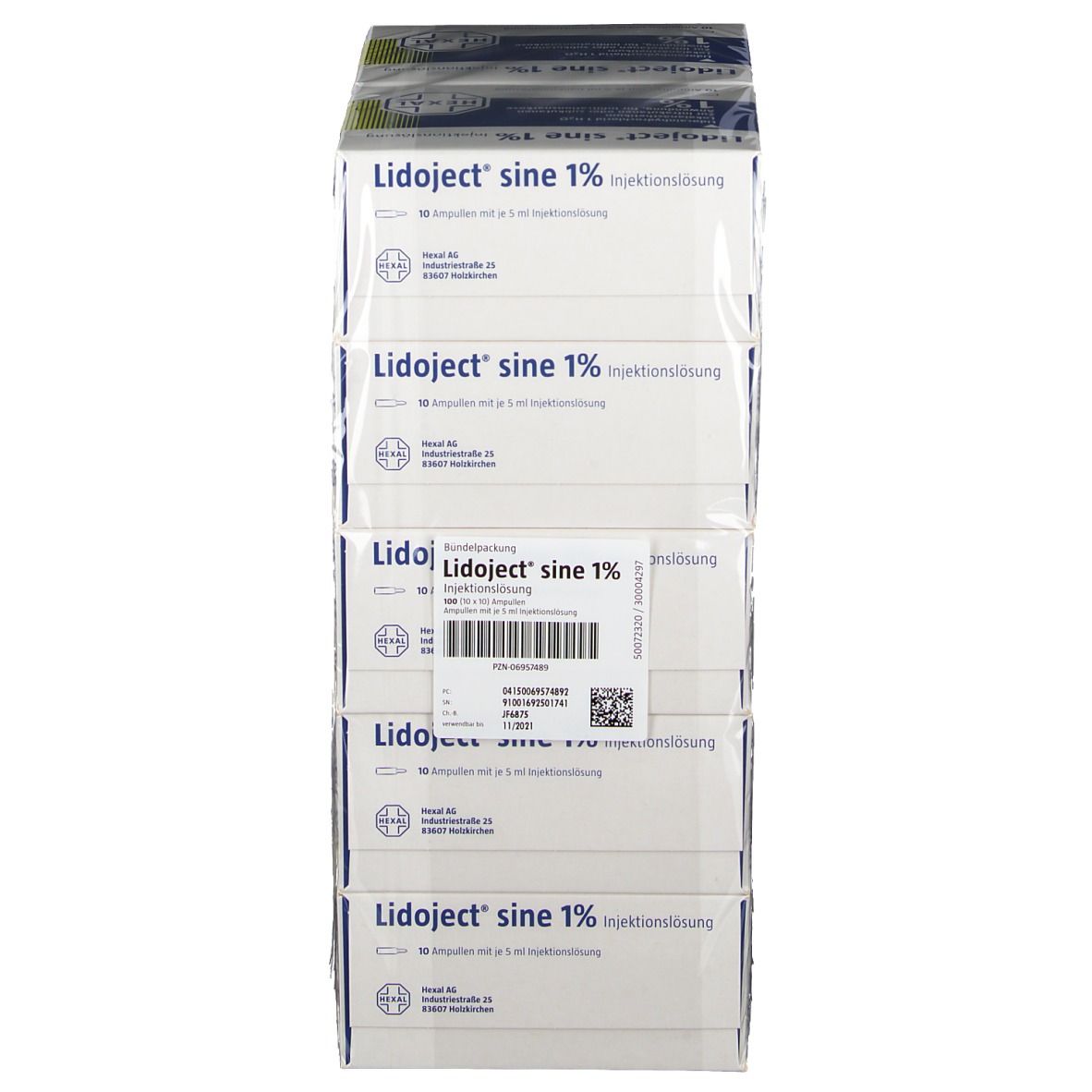 Mehrere Kartons in Folie verpackt. Aufdruck "Lidoject sine 1% Injektionslösung".