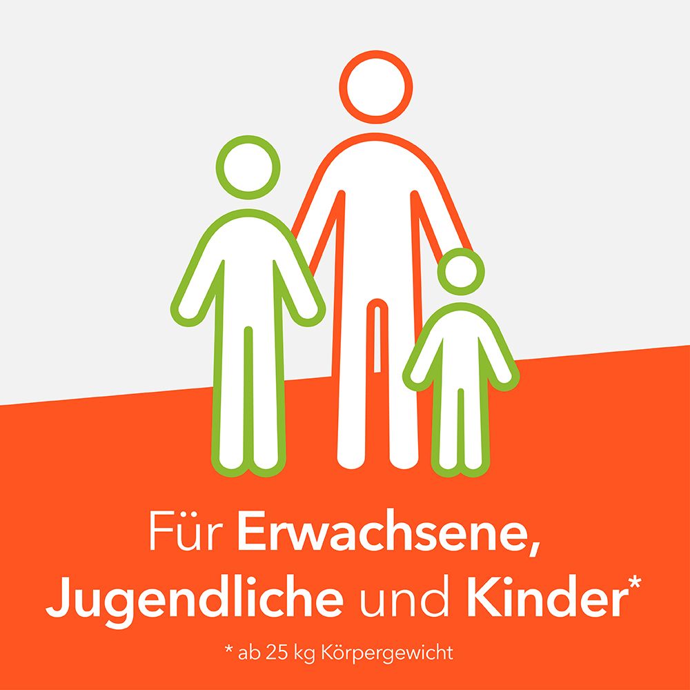 Symbol: Familie. Text: Für Erwachsene, Jugendliche und Kinder* ab 25 kg Körpergewicht.
