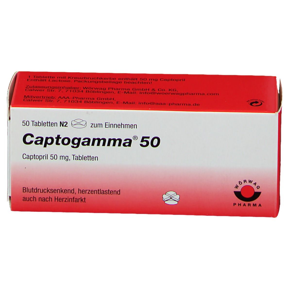 Captogamma® 50 Schachtel. Rote und weiße Verpackung. Aufschrift: 50 Tabletten, Captopril 50 mg. Logo: Wörwag Pharma.