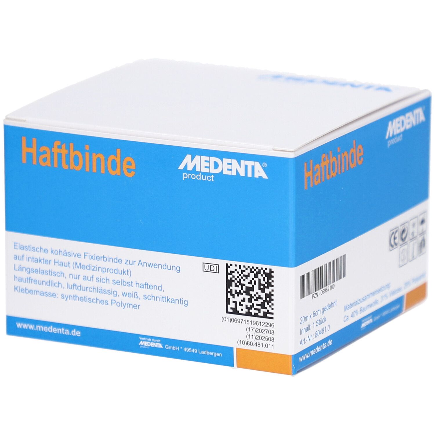 Verpackung von MEDENTA Haftbinde. Blaue und weiße Schachtel mit Produktinformationen und Barcode. Medizinprodukt.