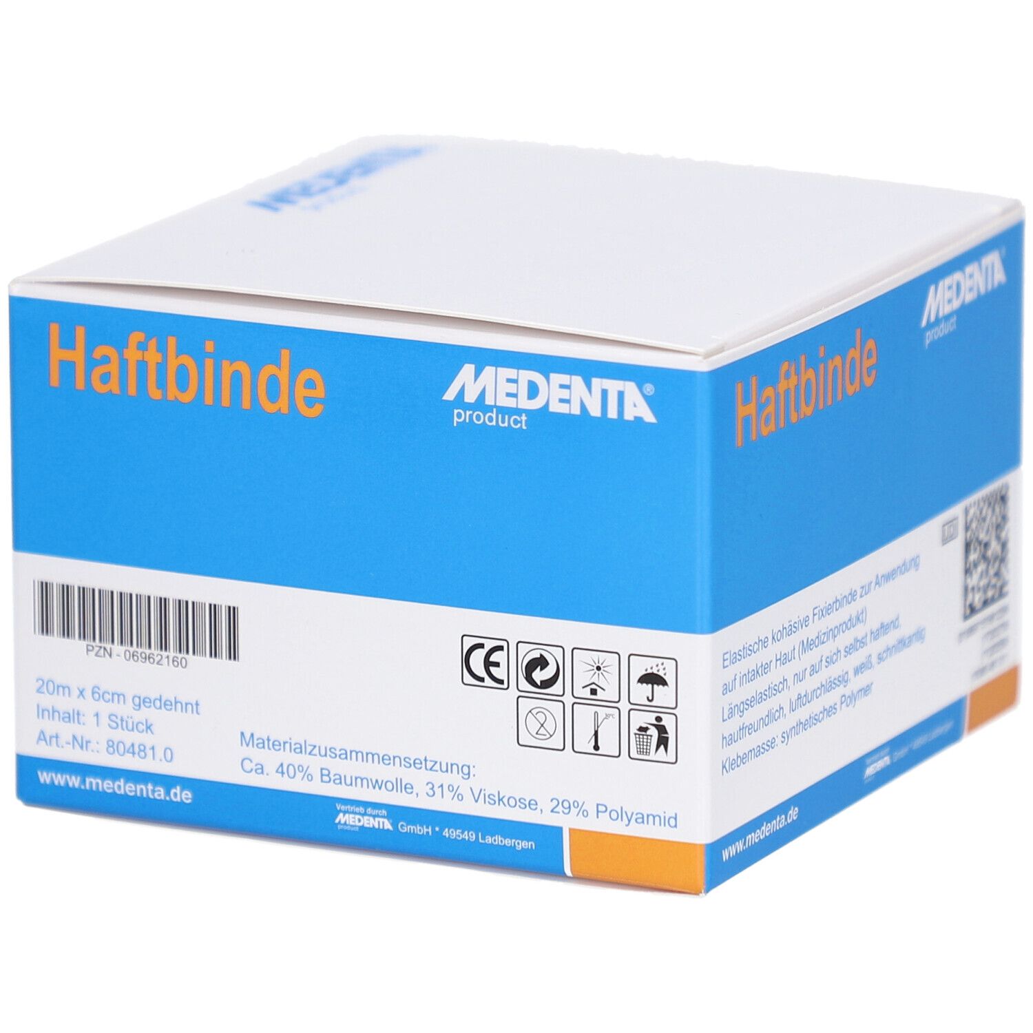 Verpackung von MEDENTA Haftbinde. Blaue und weiße Schachtel mit Produktinformationen, Größenangabe und Symbolen.
