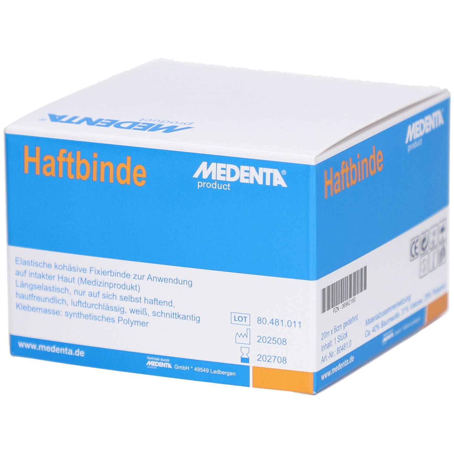 Verpackung von MEDENTA Haftbinde. Blaue und weiße Schachtel mit Produktinformationen, Losnummer und Verfallsdatum.