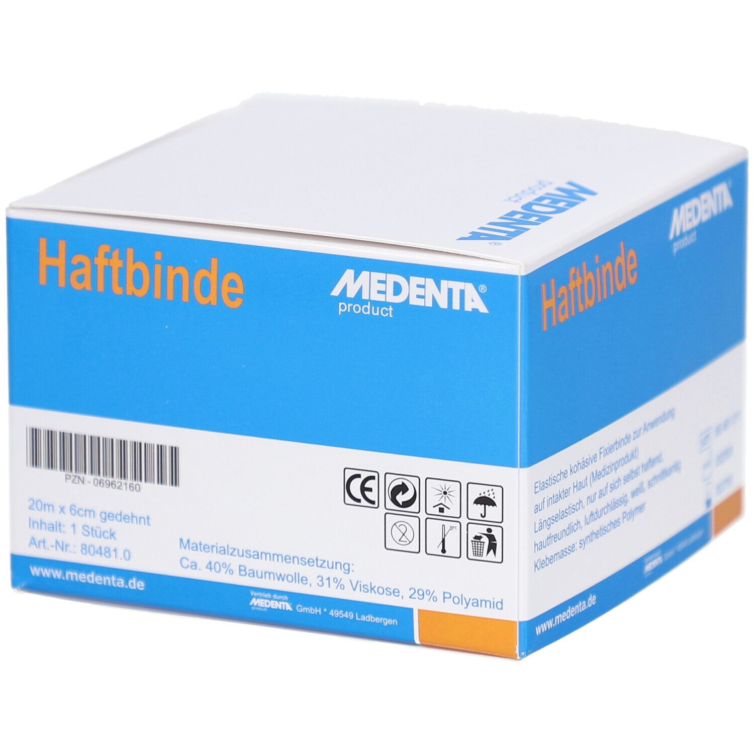 Verpackung von MEDENTA Haftbinde. Blaue und weiße Schachtel mit Produktinformationen, Größenangabe und Symbolen.
