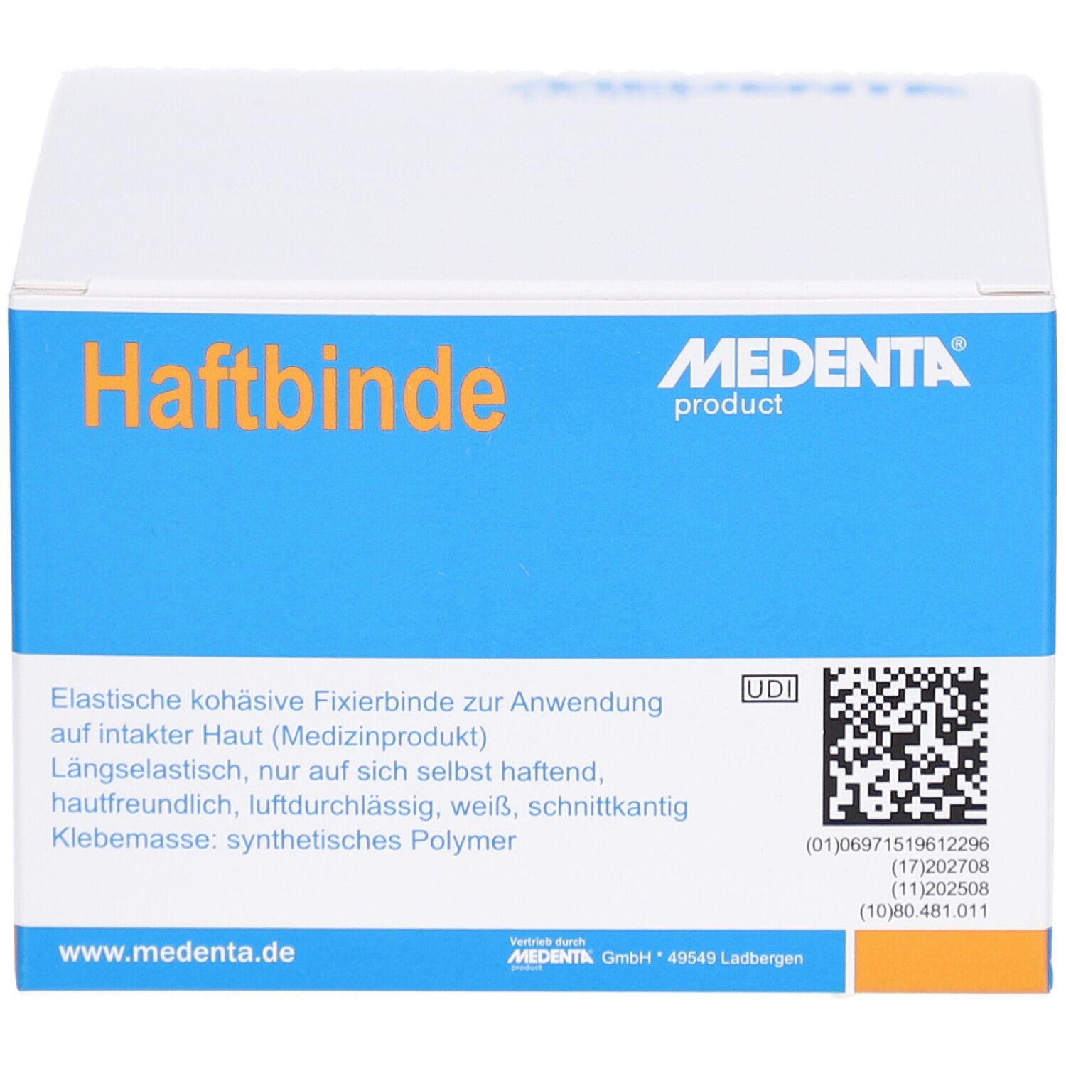 Verpackung von MEDENTA Haftbinde. Blaue und weiße Schachtel mit Produktinformationen und Barcode. Medizinprodukt.
