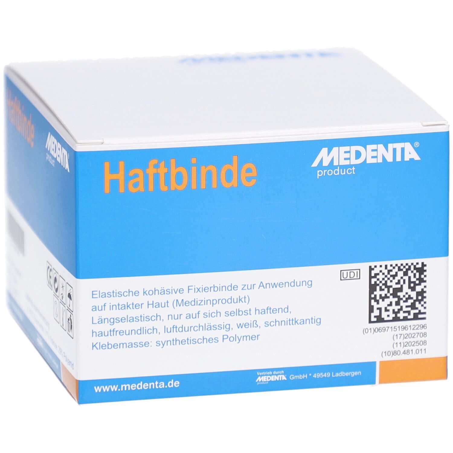 Verpackung von MEDENTA Haftbinde. Blaue und weiße Schachtel mit Produktinformationen und Barcode. Medizinprodukt.