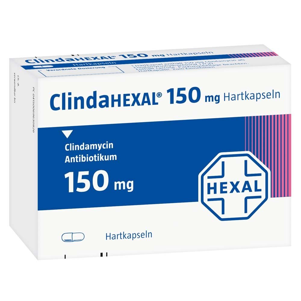 Weiße Schachtel mit "ClindaHEXAL 150 mg Hartkapseln". Blaue Schrift, Hexal-Logo. 150 mg und Kapsel-Symbol.