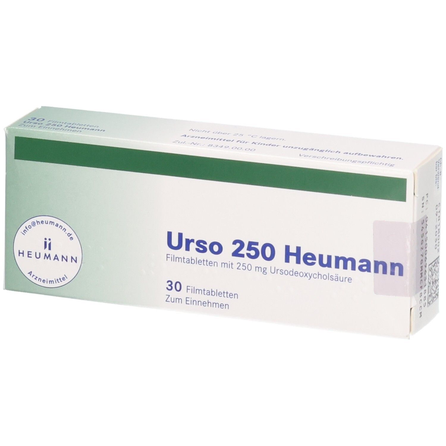 Verpackung von Urso 250 Heumann Filmtabletten. Enthält 30 Filmtabletten mit 250 mg Ursodeoxycholsäure.