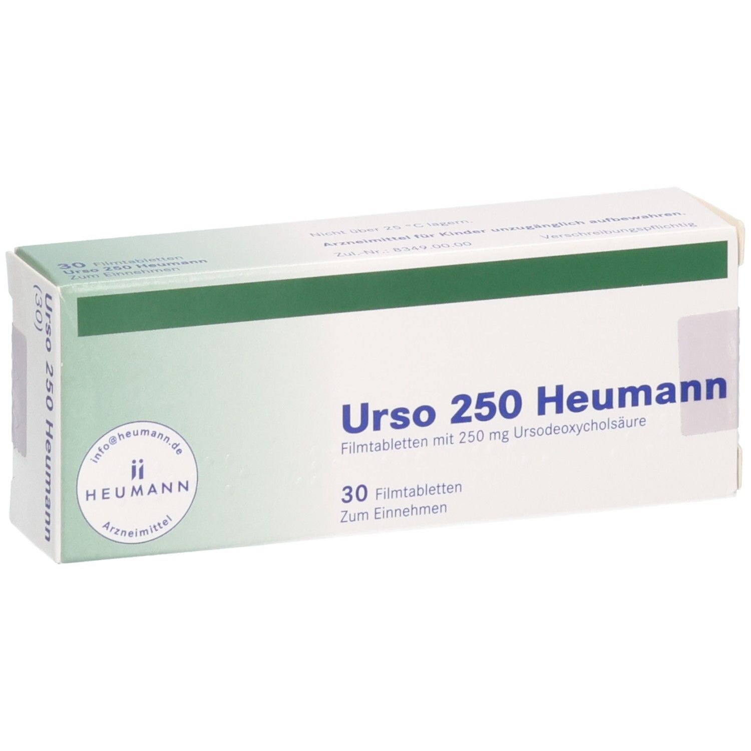 Urso 250 Heumann Filmtabletten mit 250 mg Ursodeoxycholsäure, 30 Stück.