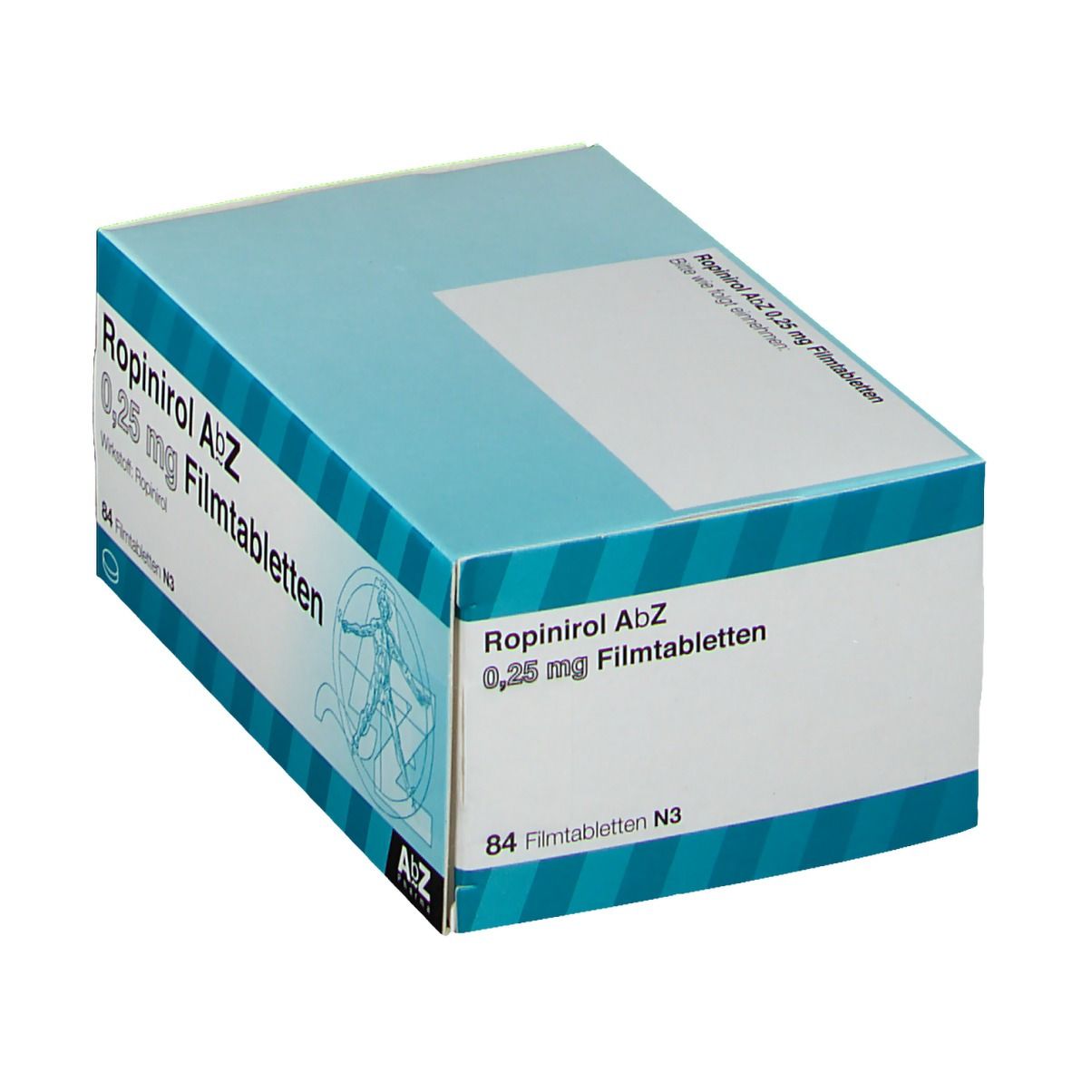 Schachtel mit Ropinirol AbZ 0,25 mg Filmtabletten. Aufschrift: 84 Filmtabletten N3. Logo: AbZ Pharma. Perspektivische Ansicht.