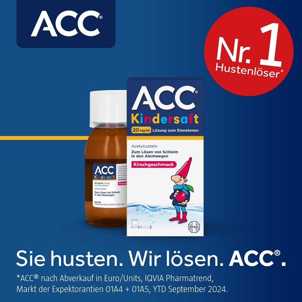ACC Kindersaft Flasche und Karton. Produktname und Illustration. Text: Sie husten. Wir lösen. ACC.