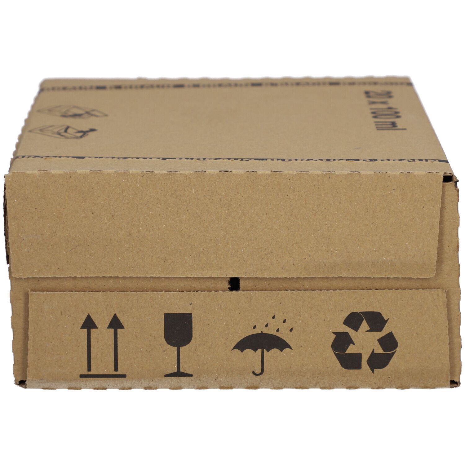 Karton mit Symbolen: Pfeile, Glas, Regenschirm, Recycling. Brauner Karton.