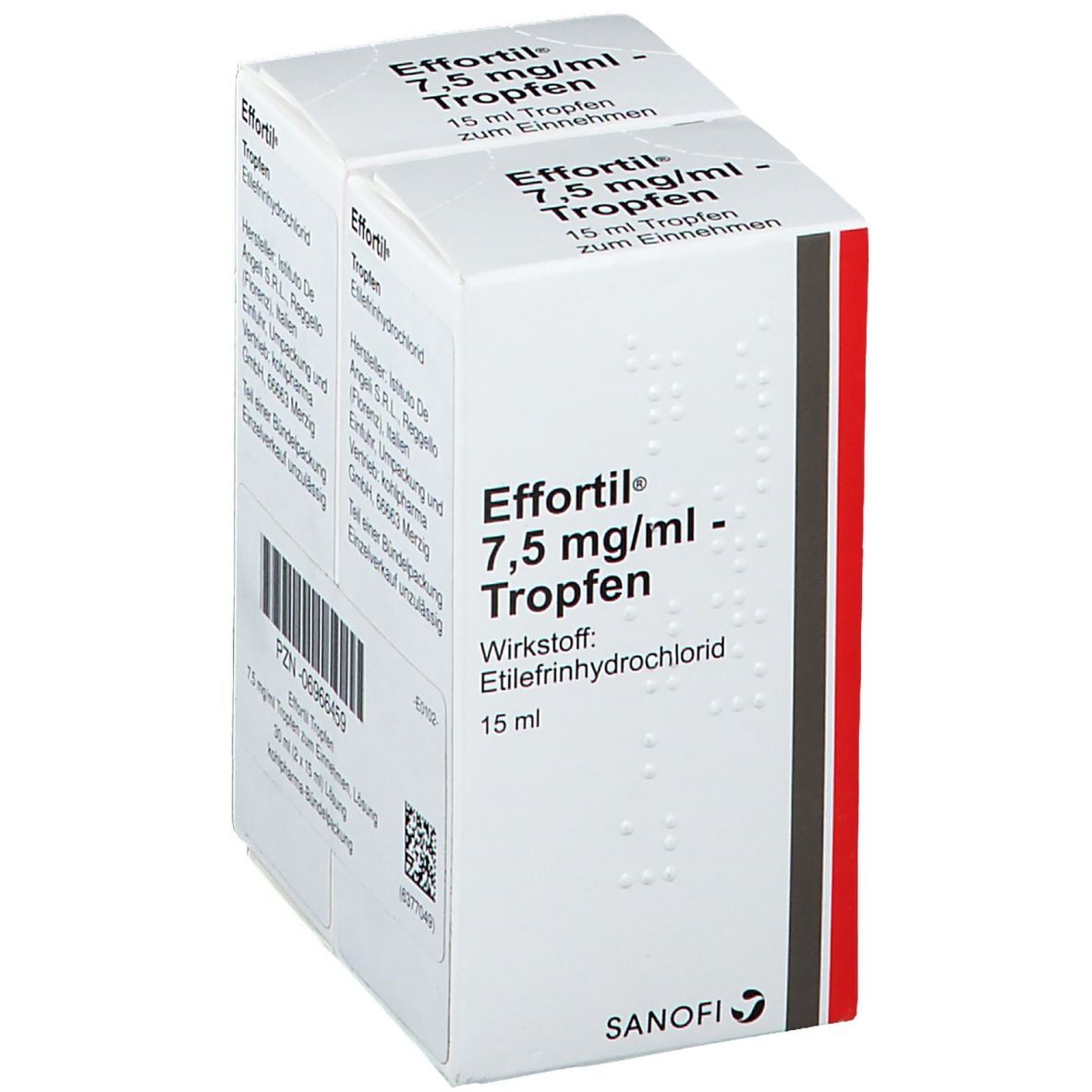 Effortil 7,5 mg/ml Tropfen-Packung. Weiße Schachtel mit Produktnamen, Dosierung und Herstellerlogo. Sanofi-Logo unten.