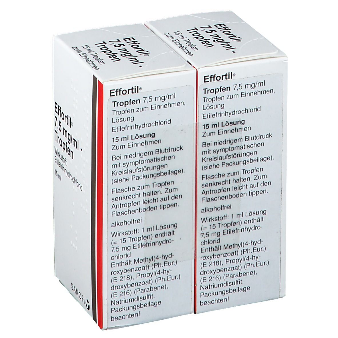 Zwei Effortil 7,5 mg/ml Tropfen-Packungen. Weiße Schachteln mit Produktinformationen. Sanofi-Logo sichtbar.