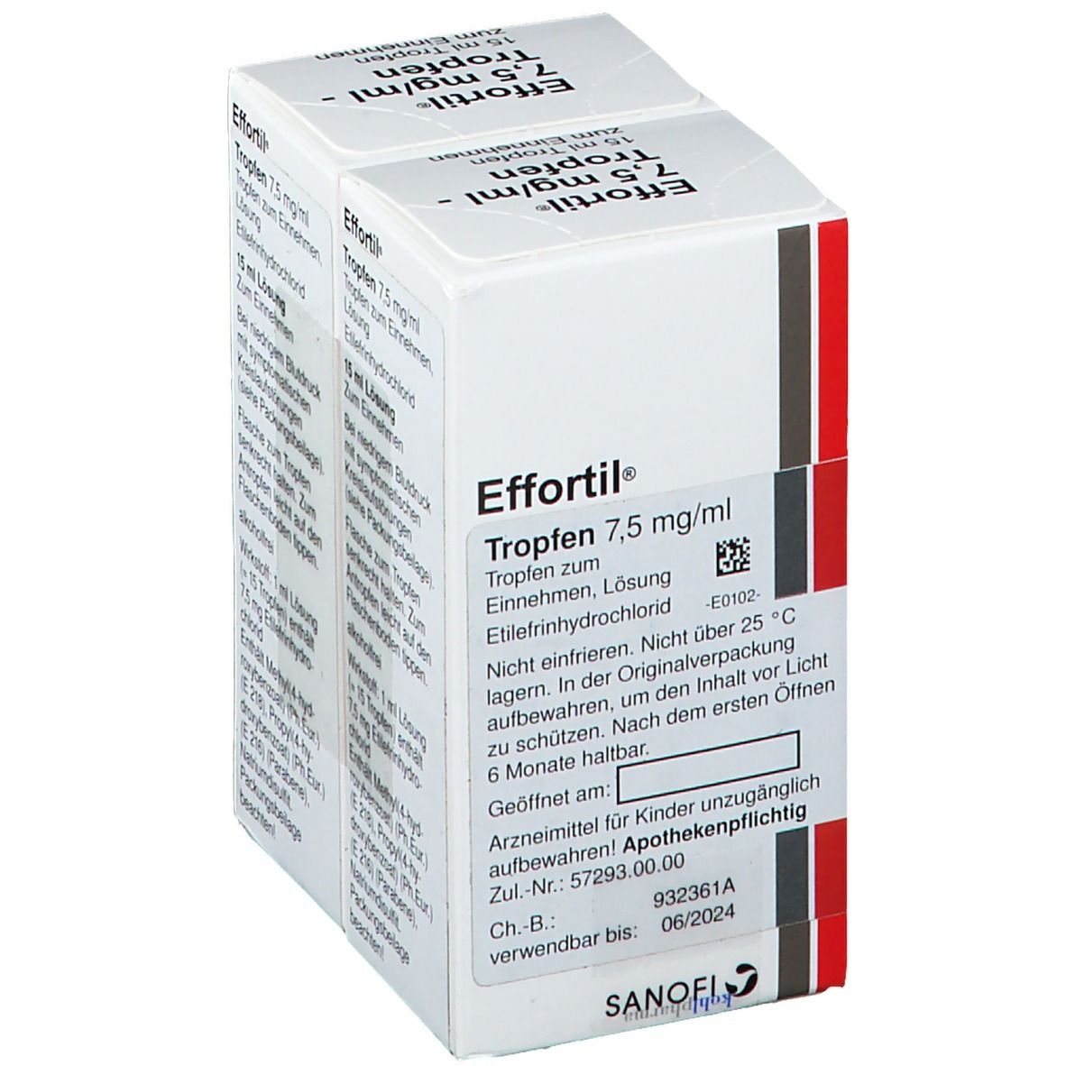 Effortil 7,5 mg/ml Tropfen-Packung. Weiße Schachtel mit Produktinformationen und Apothekenpflicht-Hinweis. Sanofi-Logo.