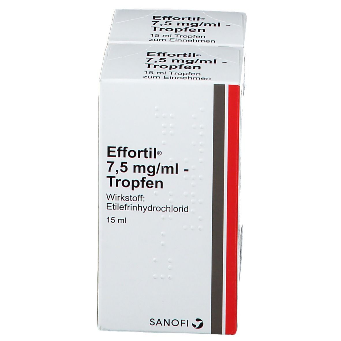 Effortil 7,5 mg/ml Tropfen-Packung. Weiße Schachtel mit Produktnamen, Dosierung und Herstellerlogo. Sanofi-Logo unten.