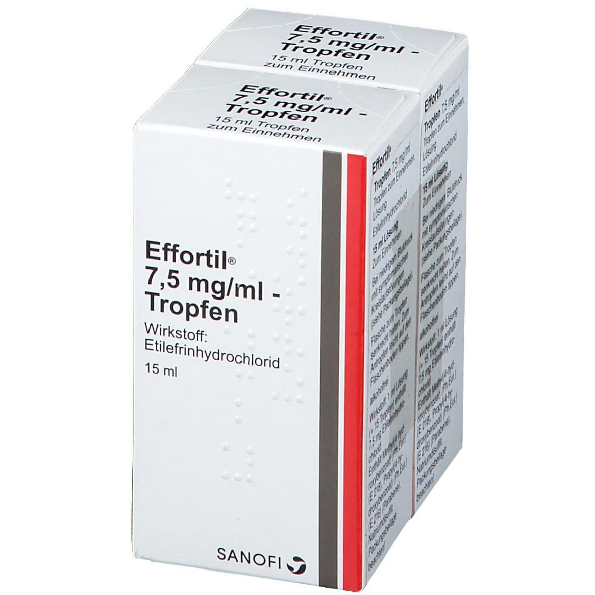 Zwei Effortil 7,5 mg/ml Tropfen-Packungen. Weiße Schachteln mit Produktinformationen. Sanofi-Logo sichtbar.