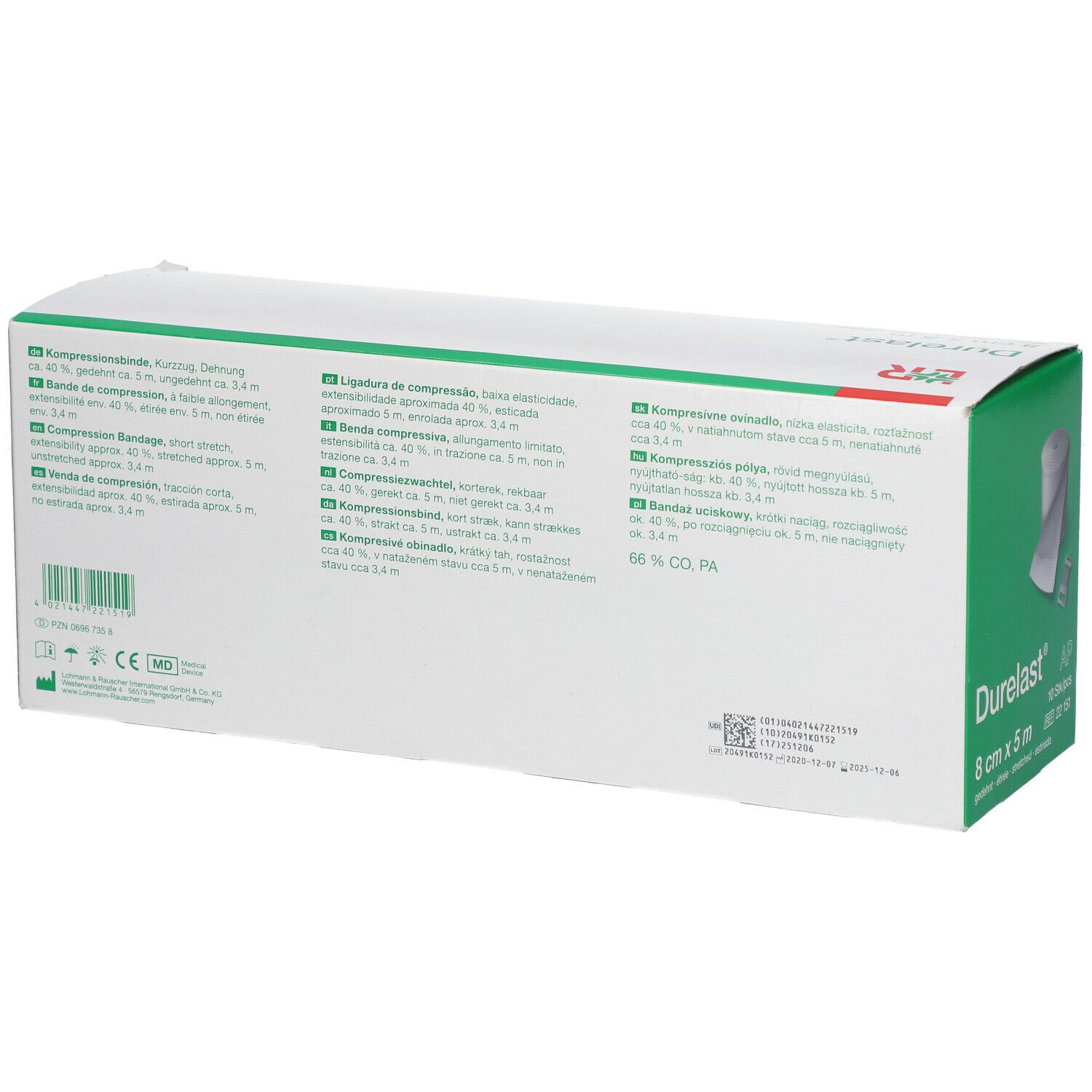 Rückseite der Durelast® 8 cm x 5 m Verpackung. Mehrsprachige Produktinformationen. Grün-weiße Schachtel.