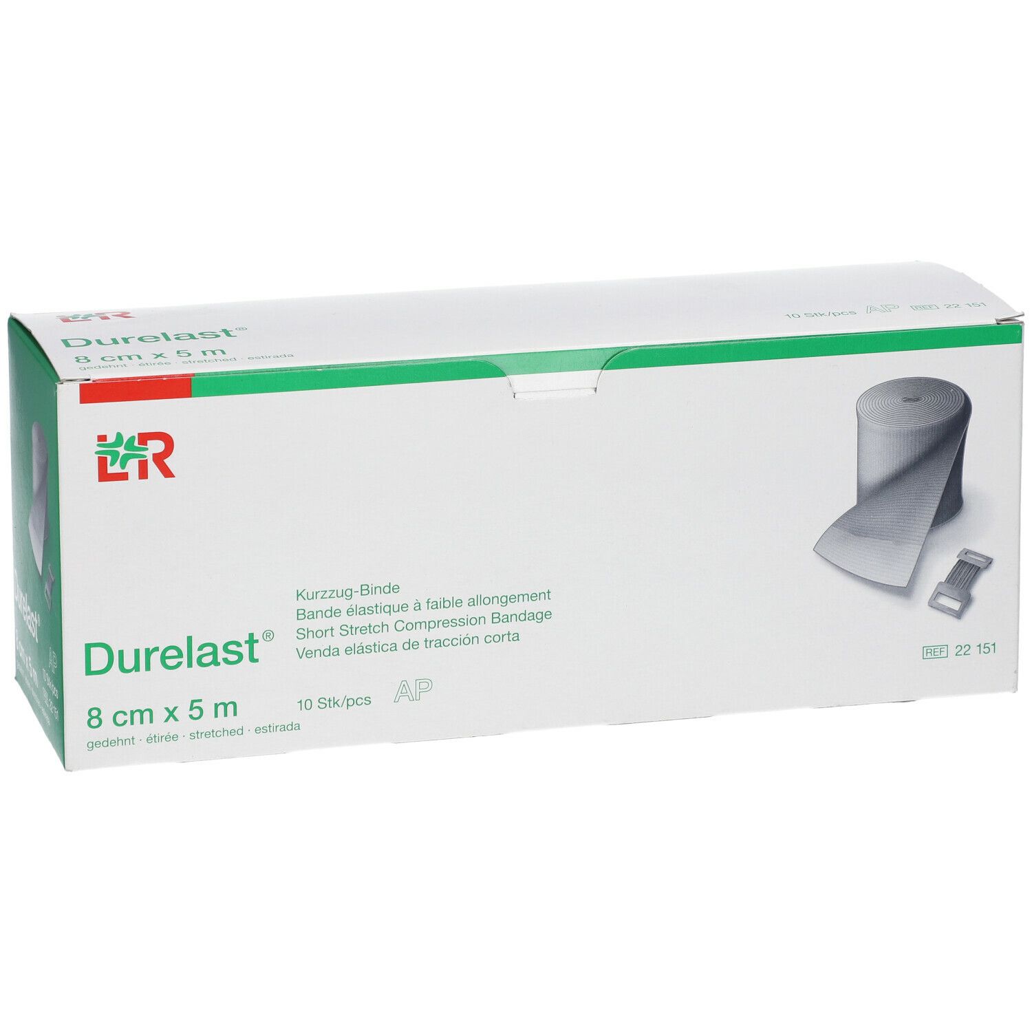 Durelast® 8 cm x 5 m Verpackung. Kurzzug-Binde. 10 Stück. Grün-weiße Schachtel mit Produktabbildung.