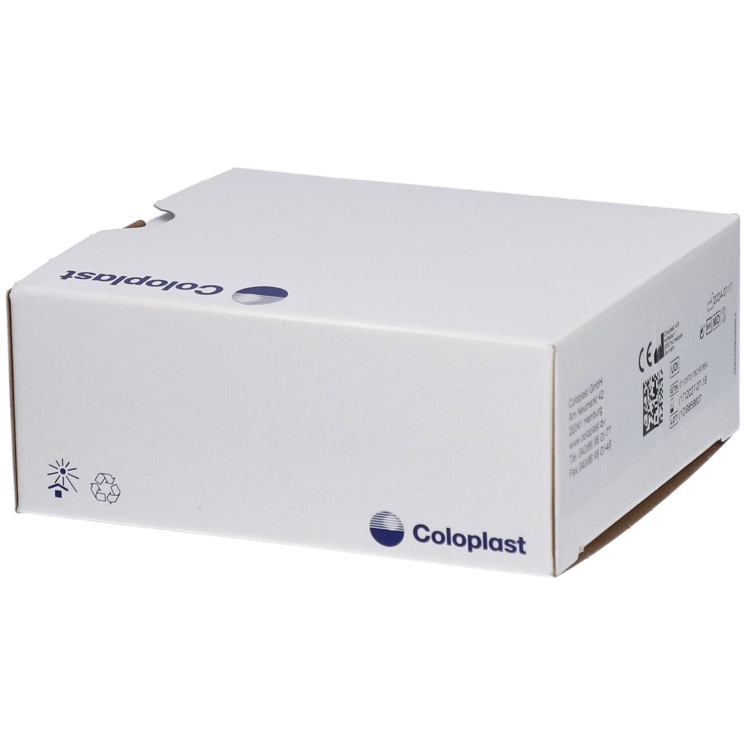Weiße Coloplast-Box. Aufdruck mit Recycling-Symbolen und CE-Kennzeichnung. Coloplast-Logo.