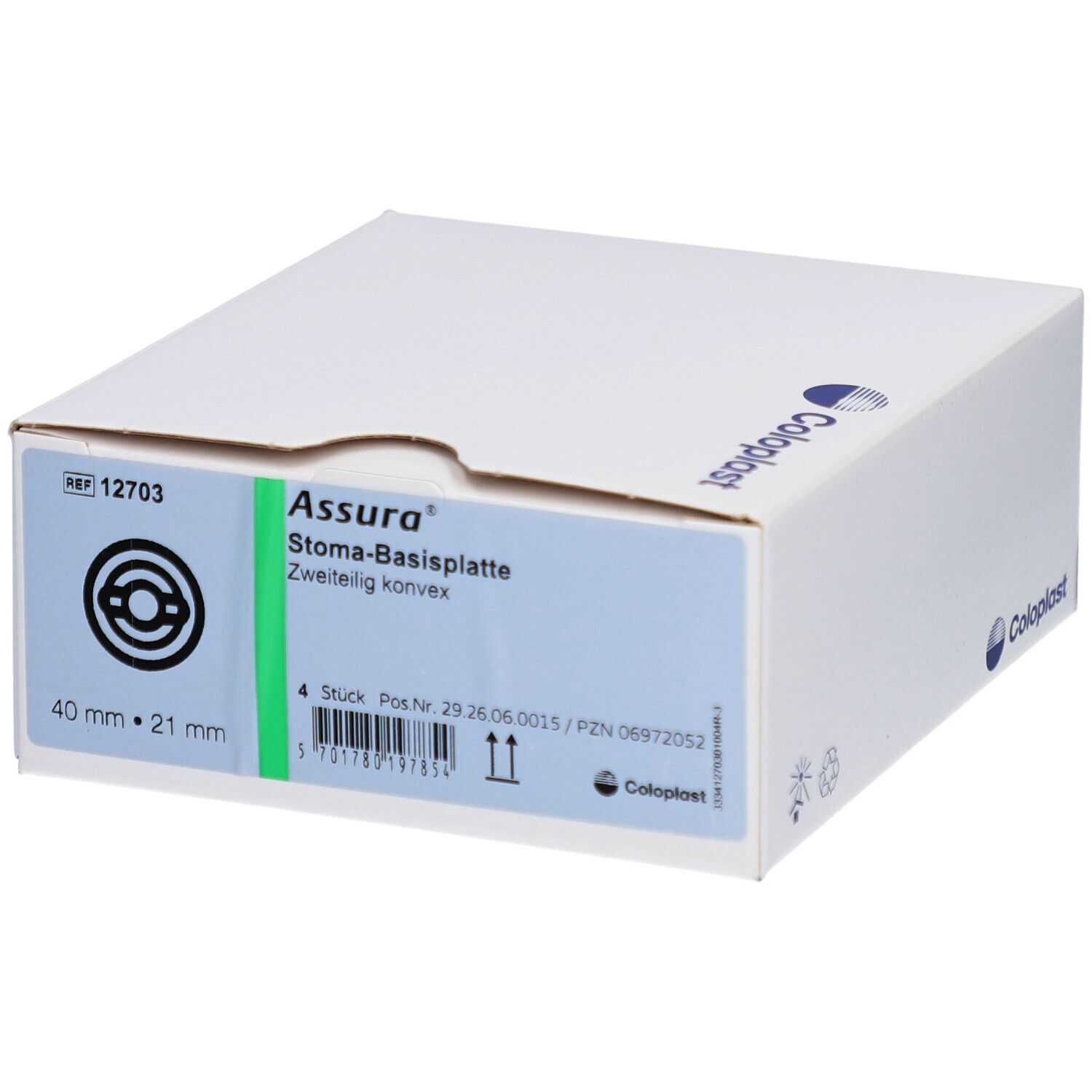 Weiße Box mit Produktinformationen. Aufschrift Assura, Stoma-Basisplatte, 40 mm/21 mm. Coloplast-Logo.