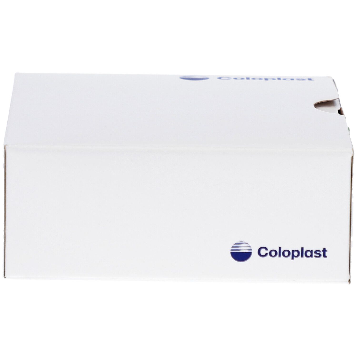 Weiße Coloplast-Box. Coloplast-Logo. Box mit abgerundeten Ecken.