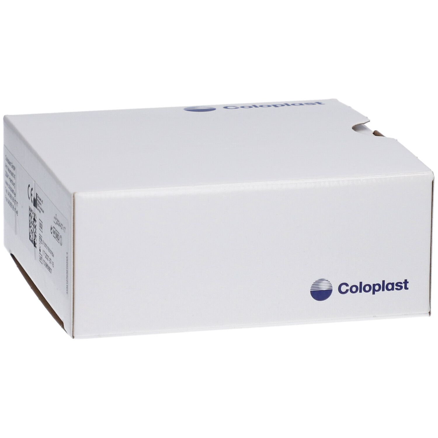 Weiße Box mit Coloplast-Logo. Aufdruck mit CE-Kennzeichnung und weiteren Informationen.