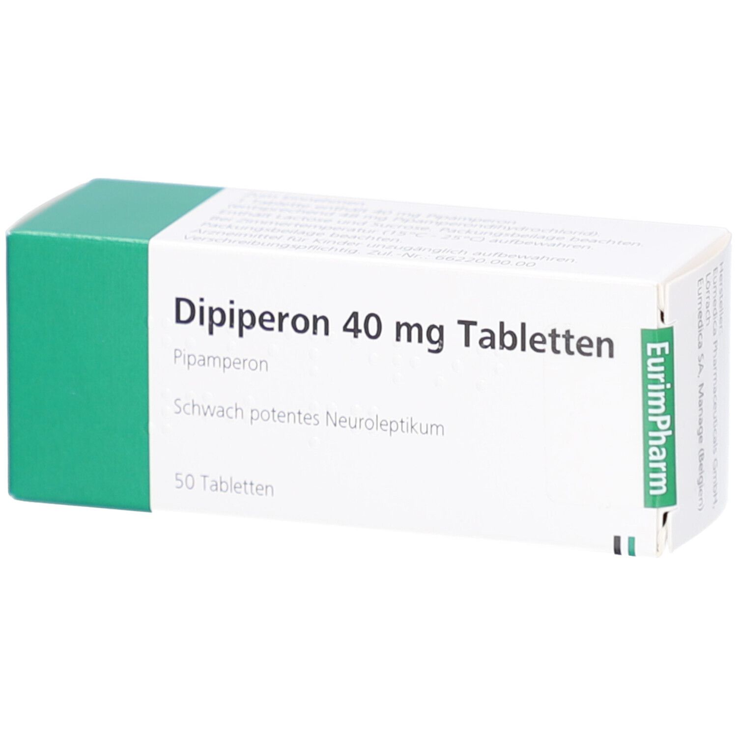 Schachtel mit Dipiperon 40 mg Tabletten. Aufschrift: Pipamperon, schwach potentes Neuroleptikum. 50 Tabletten. Marke: EurimPharm.