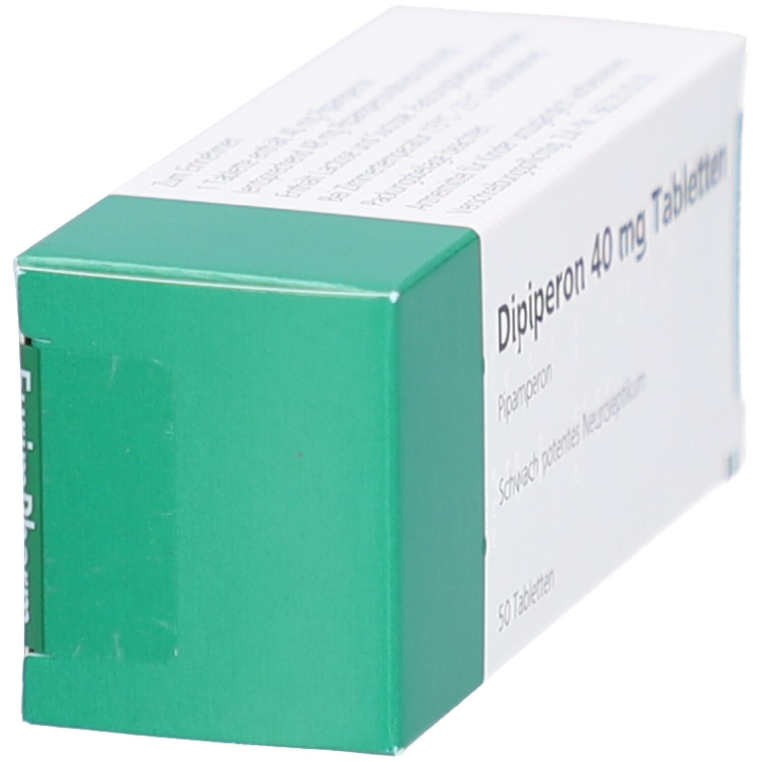 Schachtel mit Dipiperon 40 mg Tabletten. Grüne Ecke. Aufschrift: Pipamperon, schwach potentes Neuroleptikum. 50 Tabletten. Marke: EurimPharm.
