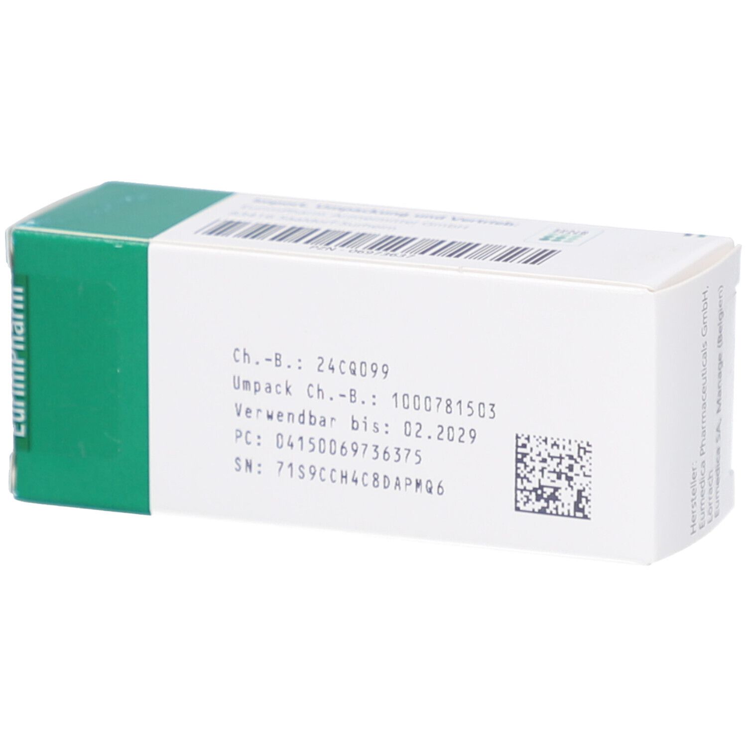 Rückseite der Schachtel mit Dipiperon 40 mg Tabletten. Informationen: Ch.-B., Verwendbar bis, PC, SN. Marke: EurimPharm.