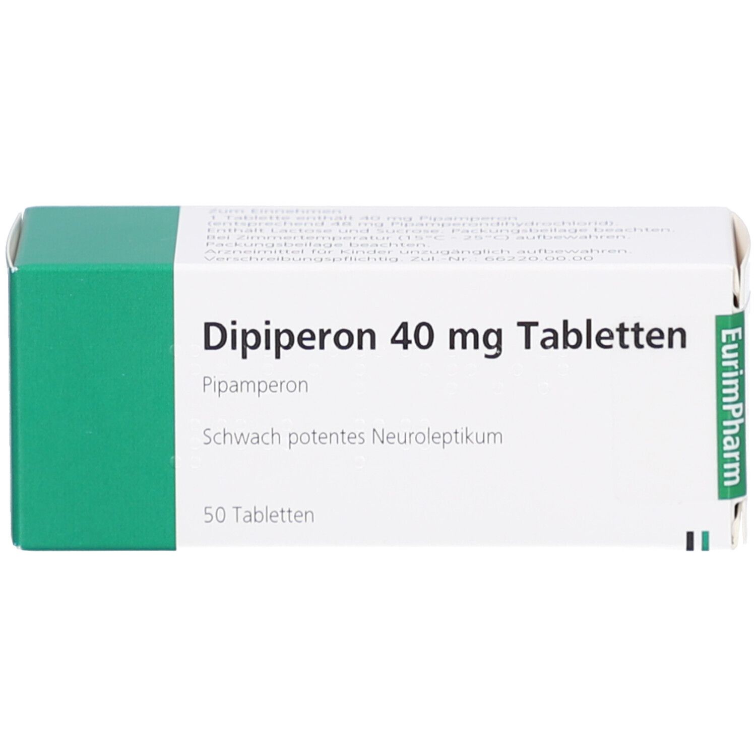 Schachtel mit Dipiperon 40 mg Tabletten. Aufschrift: Pipamperon, schwach potentes Neuroleptikum. 50 Tabletten. Marke: EurimPharm.