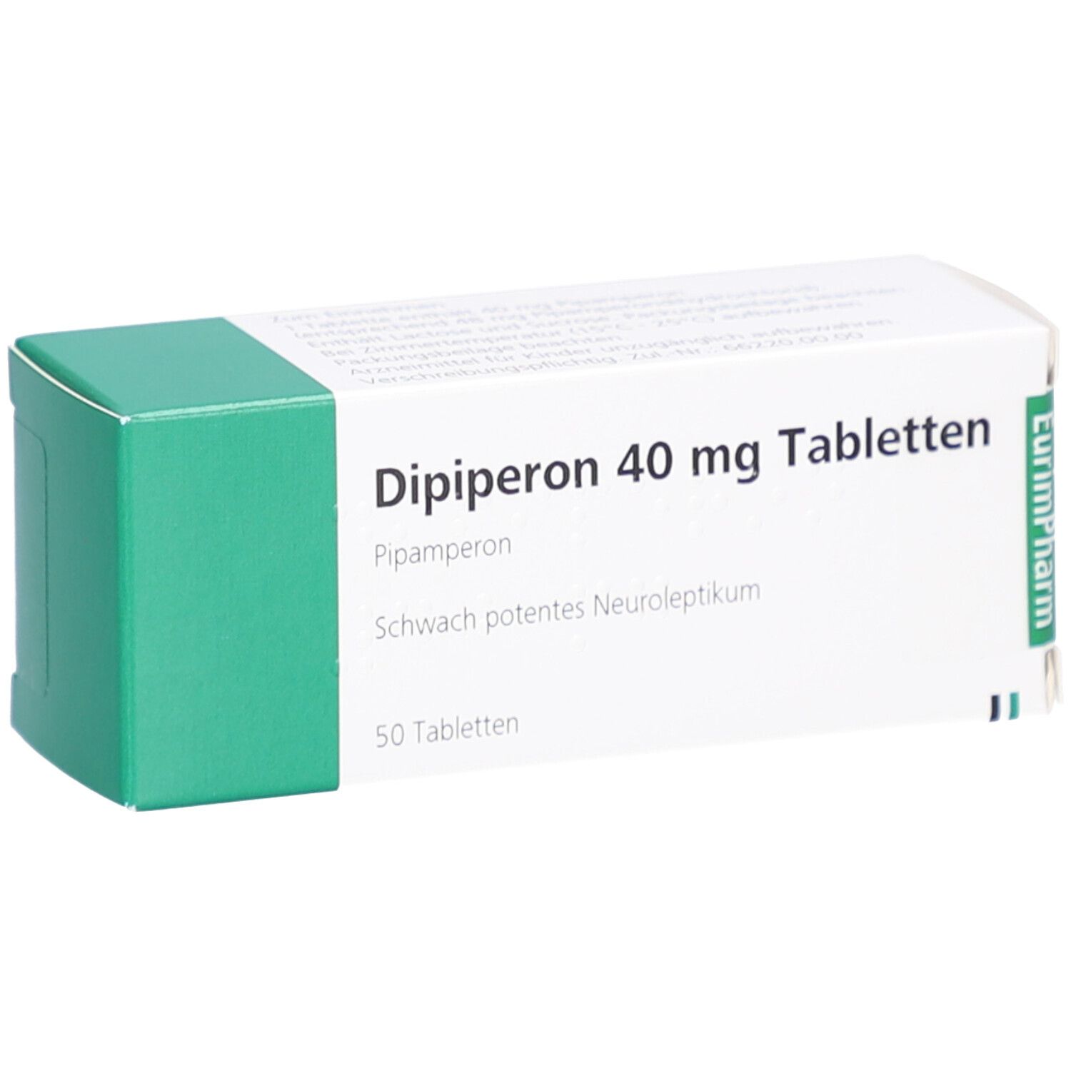 Schachtel mit Dipiperon 40 mg Tabletten. Aufschrift: Pipamperon, schwach potentes Neuroleptikum. 50 Tabletten. Marke: EurimPharm.