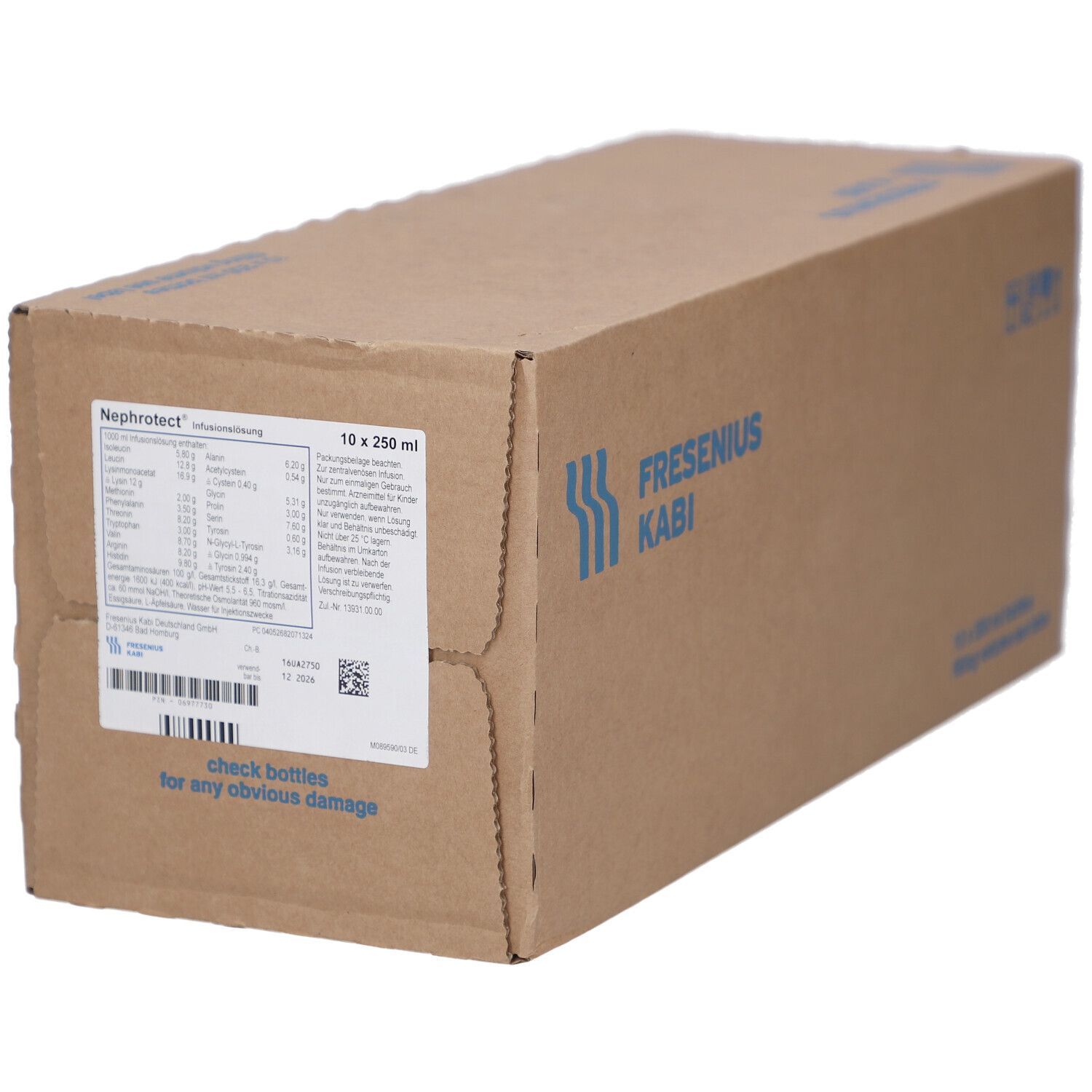 Karton mit Produktinformationen und Barcode. Aufschrift: Nephrotect, Fresenius Kabi. Enthält 10 x 250 ml.