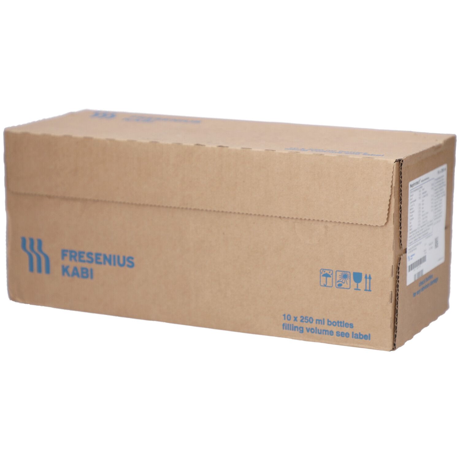 Brauner Karton mit Fresenius Kabi Logo und Aufschrift: 10 x 250 ml Flaschen. Aufdruck: Vorsicht Glas.