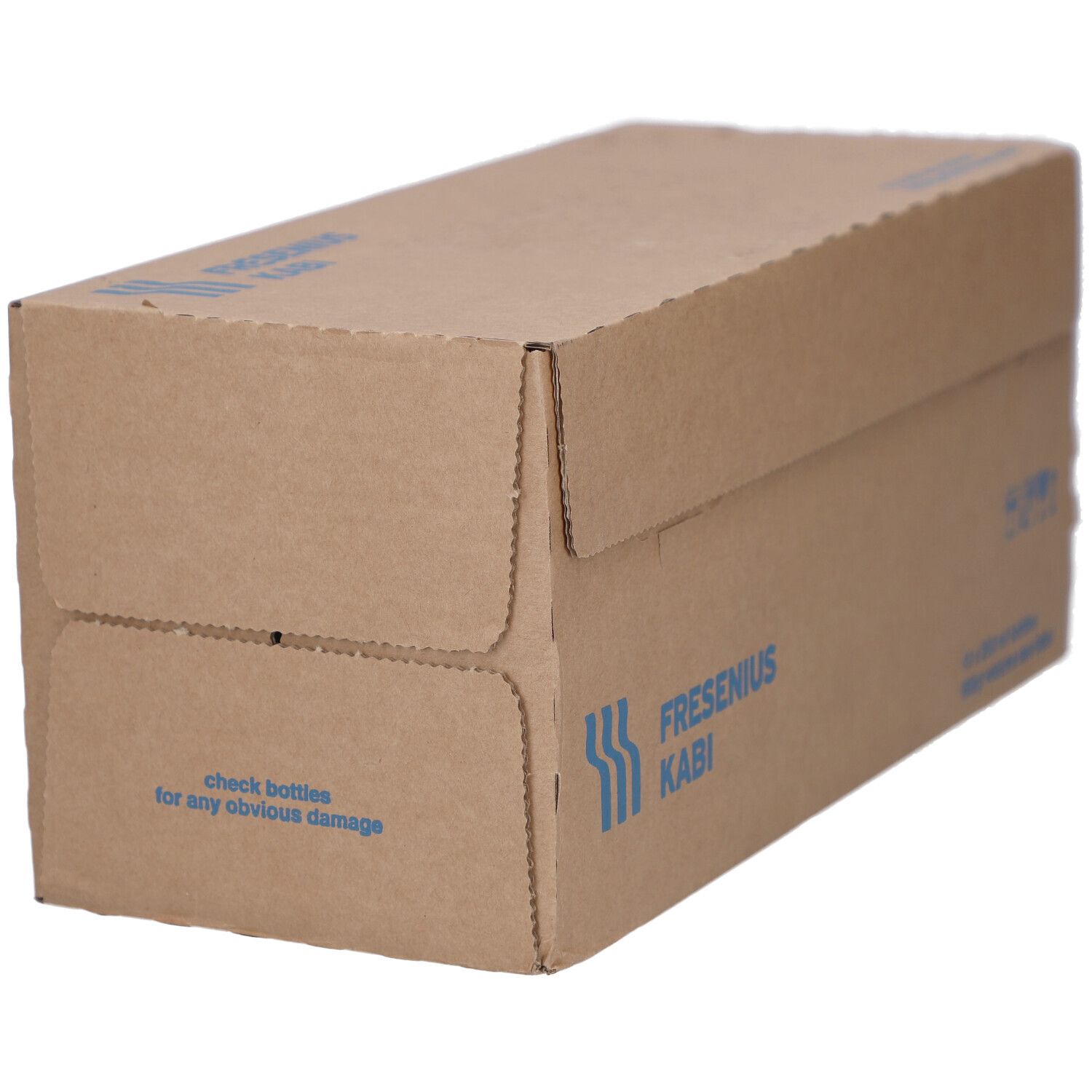 Brauner Karton mit Fresenius Kabi Logo. Aufschrift: check bottles for any obvious damage.