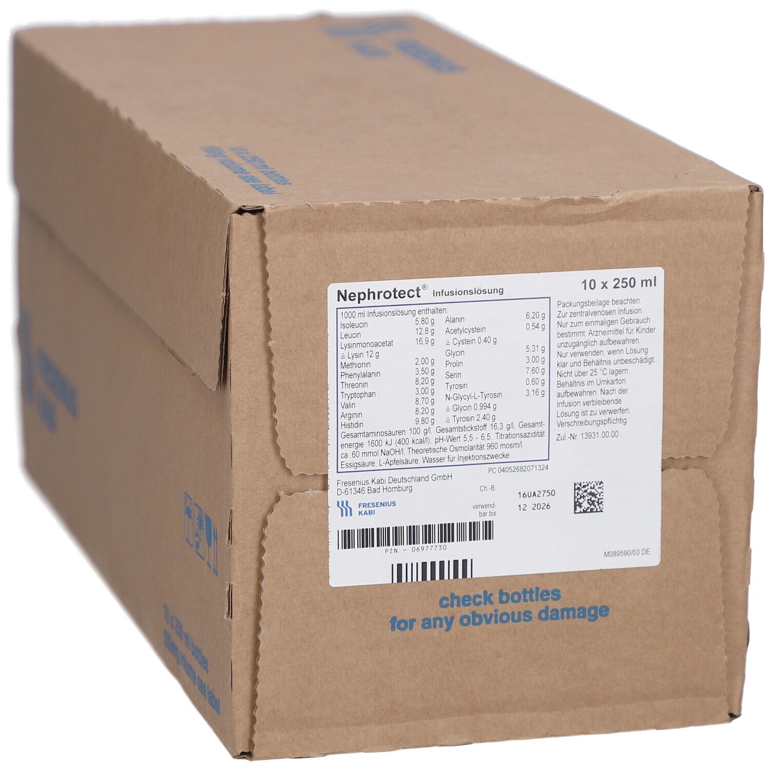 Karton mit Produktinformationen und Barcode. Aufschrift: Nephrotect, Fresenius Kabi. Enthält 10 x 250 ml.