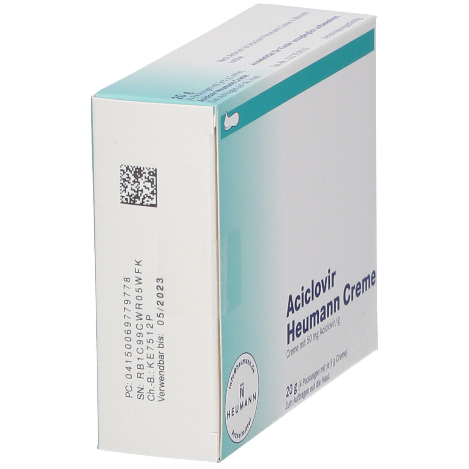 Schräg stehender Karton mit Aciclovir Heumann Creme. Aufschrift: Creme mit 50 mg Aciclovir/g. 20 g.
