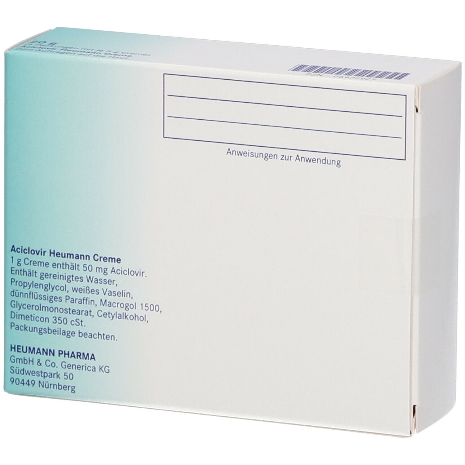 Rückseite der Aciclovir Heumann Creme Verpackung. Enthält Informationen zu Inhaltsstoffen und Hersteller.