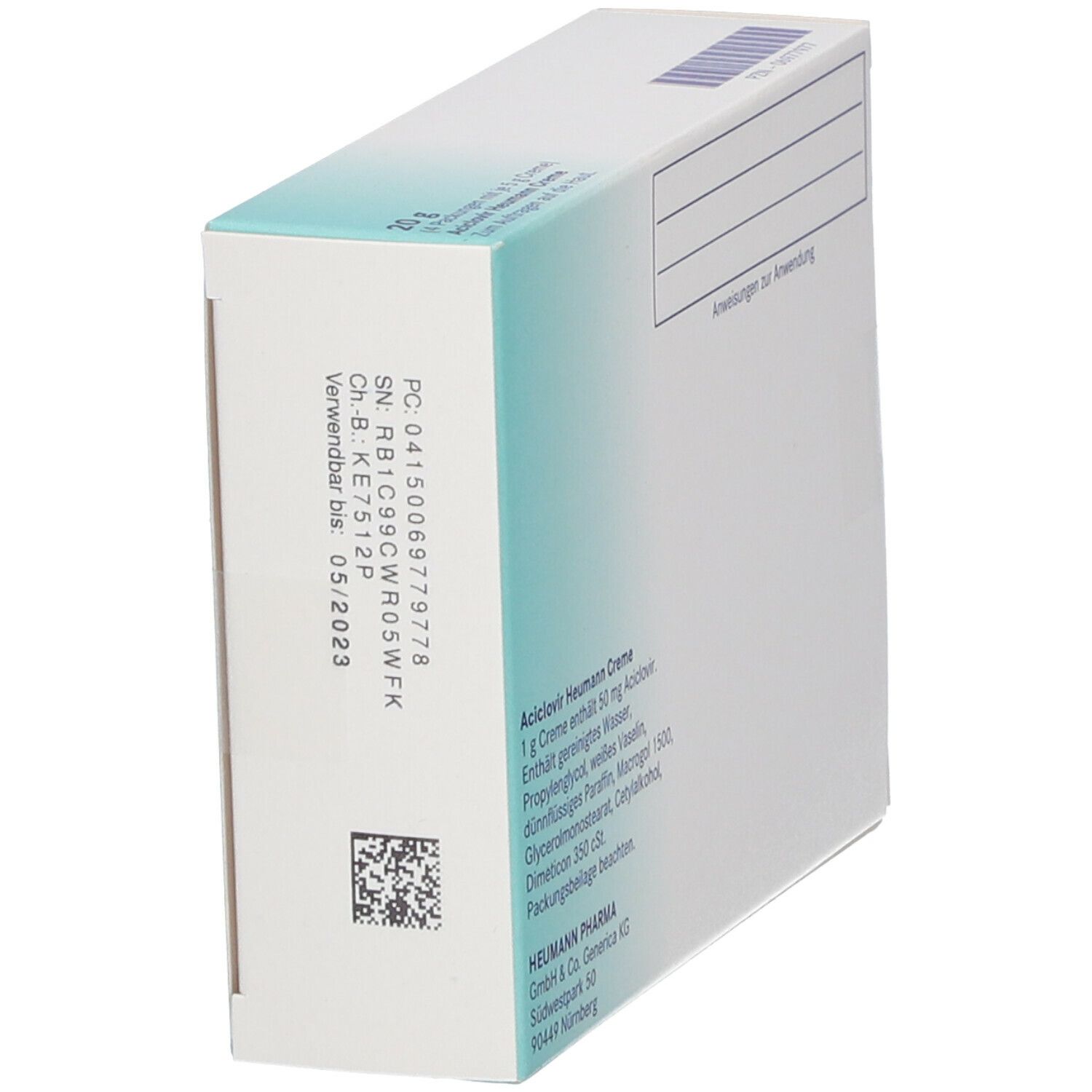 Schräg stehende Rückseite der Aciclovir Heumann Creme Verpackung. Enthält Informationen zu Inhaltsstoffen und Hersteller.